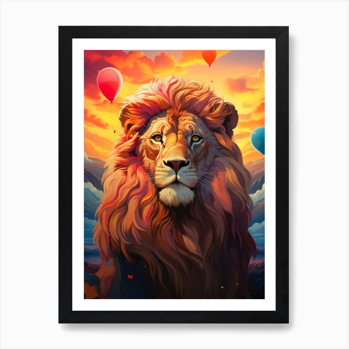 Lion With Balloons Art Print Framed Wall Art Poster Canvas Print Picture