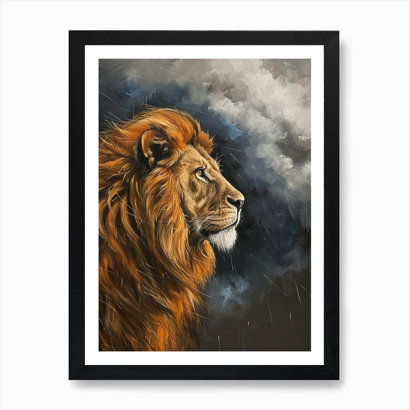 African Lion Facing A Storm Acrylic Framed Wall Art Poster Canvas Print Picture