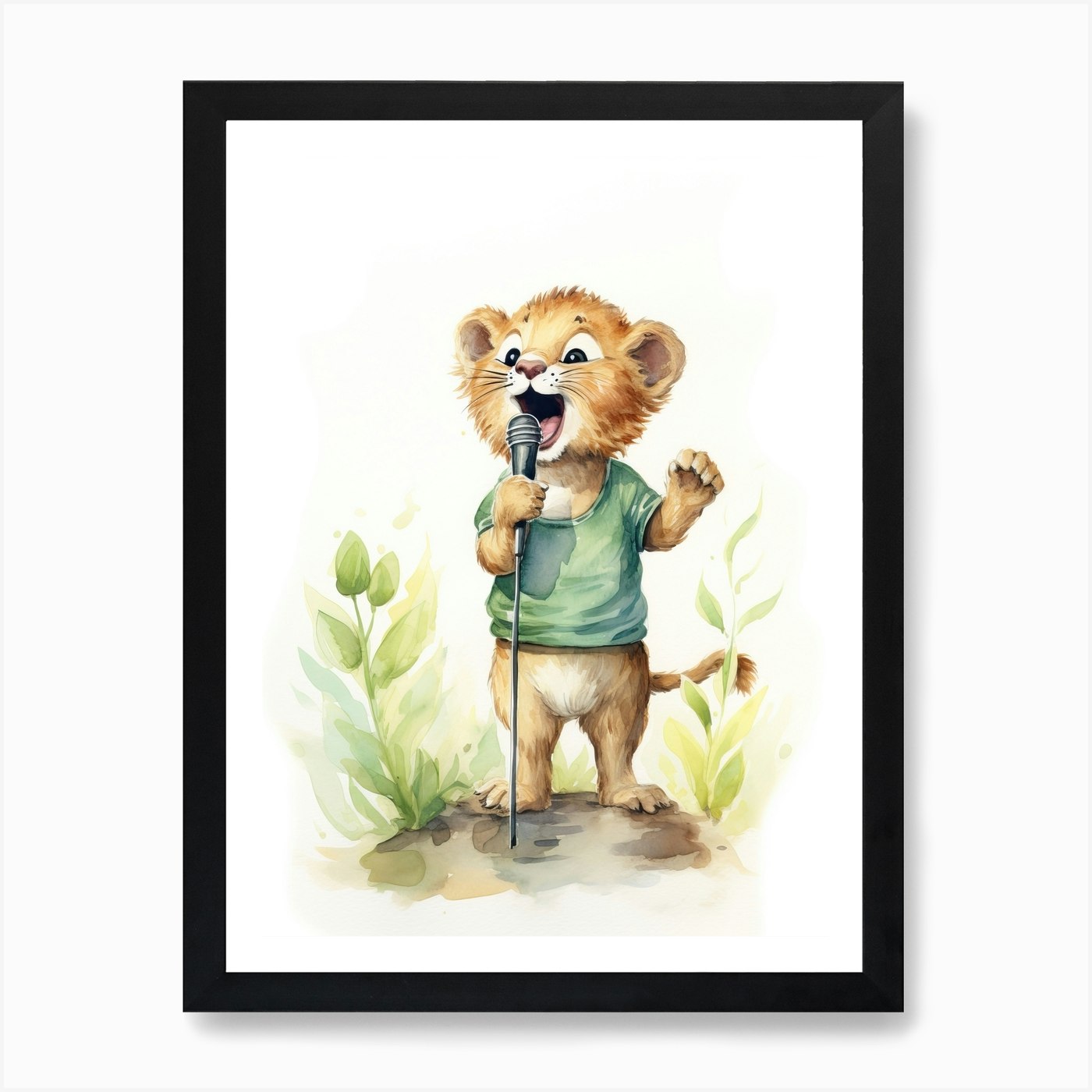 Singing Watercolour Lion Art Painti Framed Wall Art Poster Canvas Print Picture