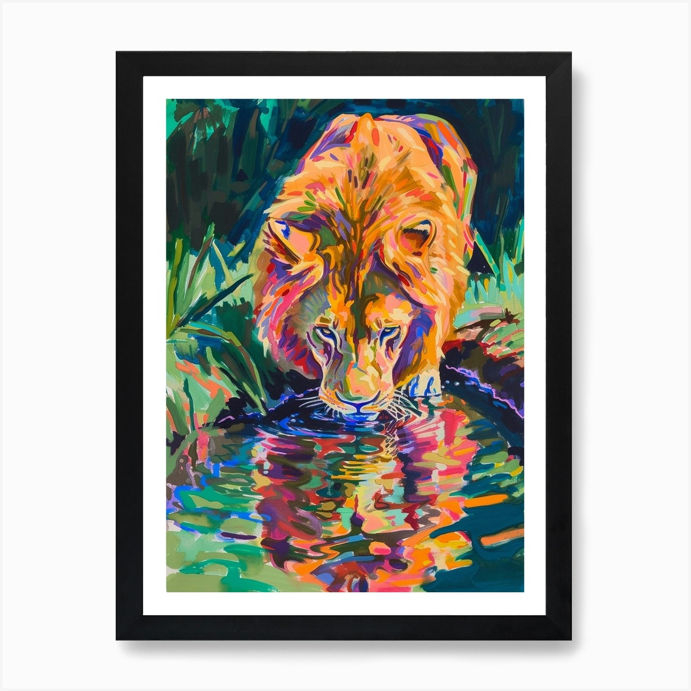 Southwest African Lion Drinking Fro Framed Wall Art Poster Canvas Print Picture