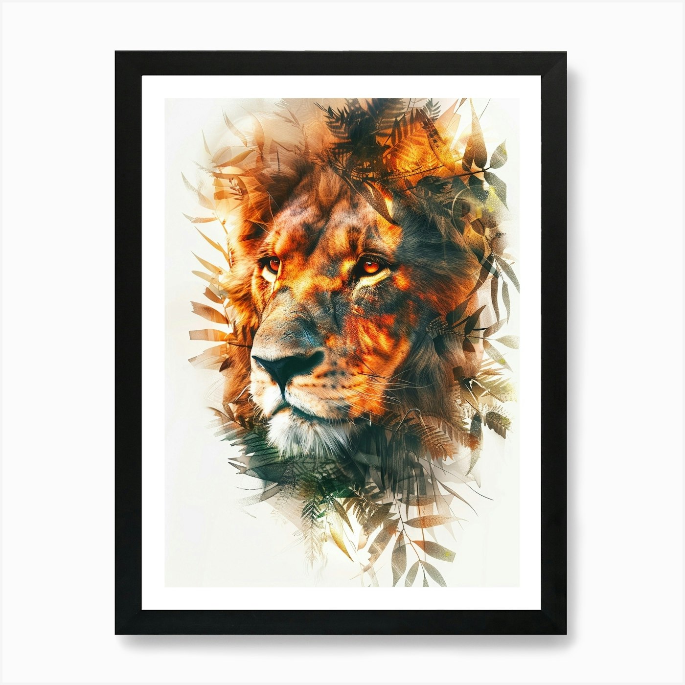 Double Exposure Realistic Lion With Framed Wall Art Poster Canvas Print Picture