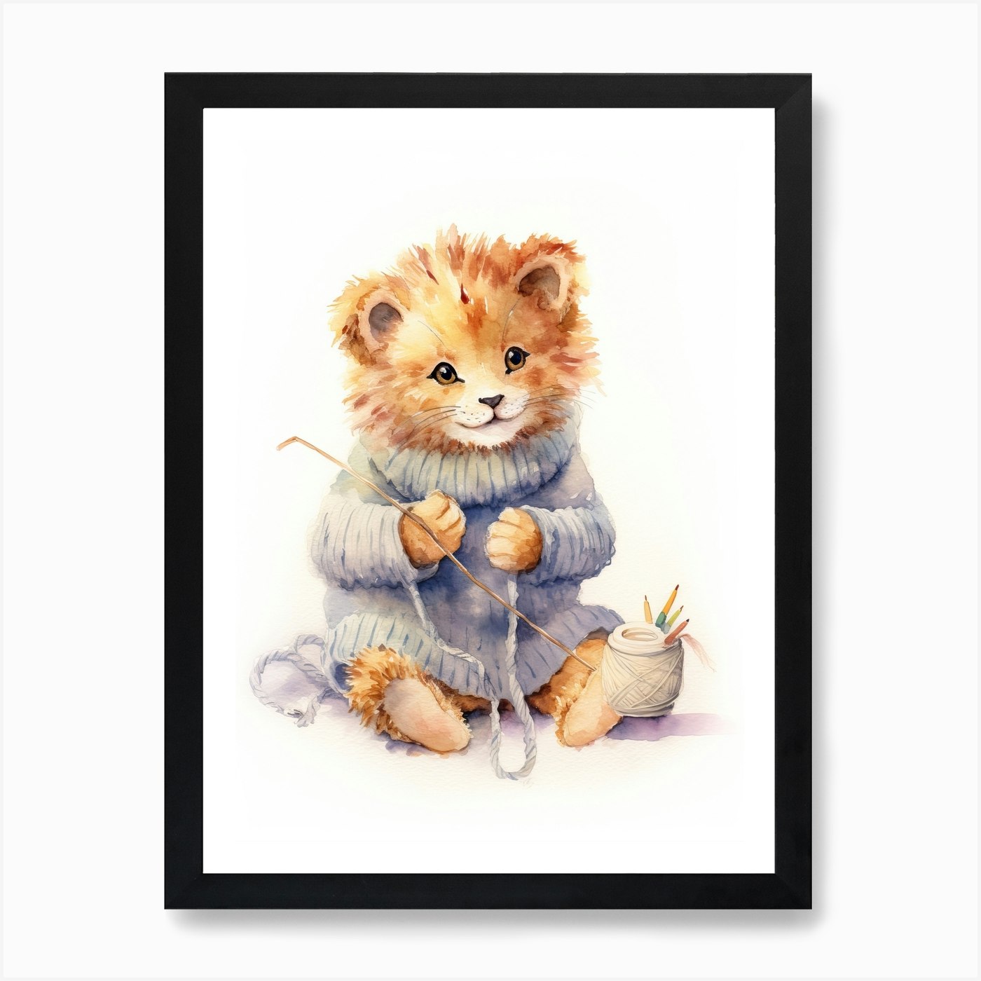 Knitting Watercolour Lion Art Paint Framed Wall Art Poster Canvas Print Picture