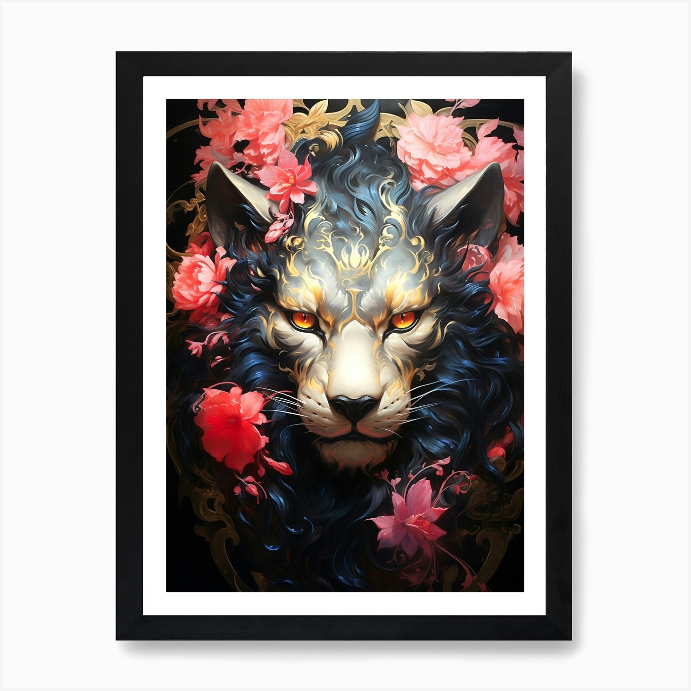 Lion With Flowers 2 Art Print Framed Wall Art Poster Canvas Print Picture