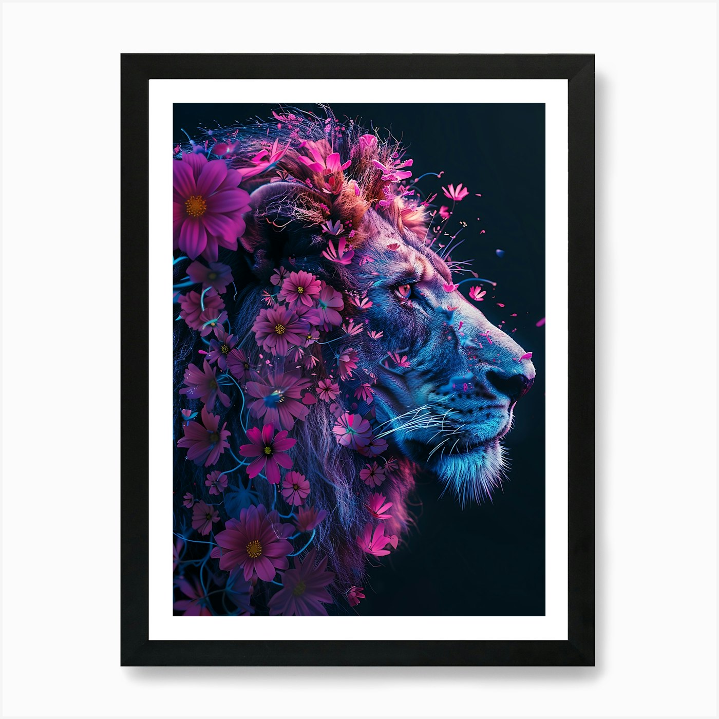 Lion With Flowers 19 Art Print Framed Wall Art Poster Canvas Print Picture