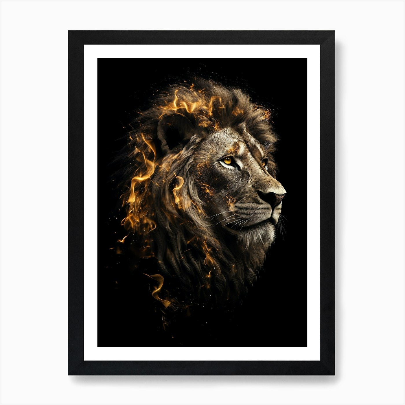 Lion On A Black Background With Gol Framed Wall Art Poster Canvas Print Picture