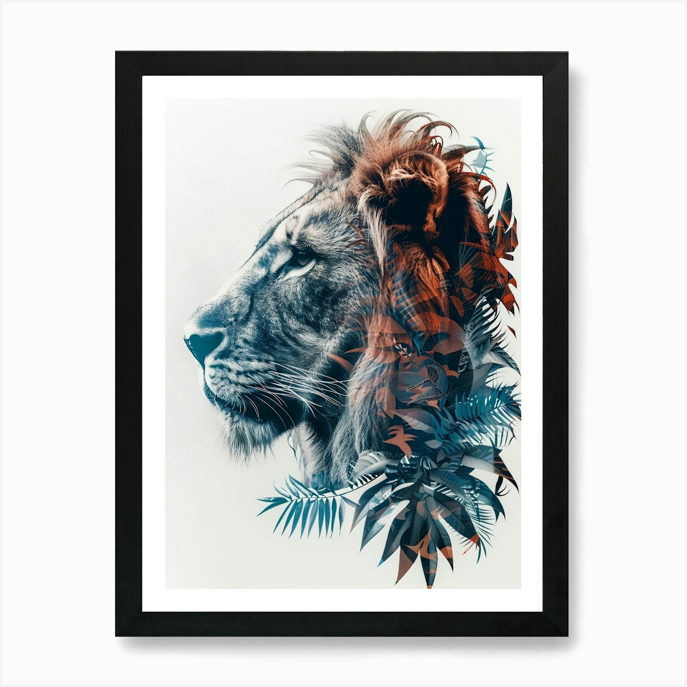 Double Exposure Realistic Lion With Framed Wall Art Poster Canvas Print Picture