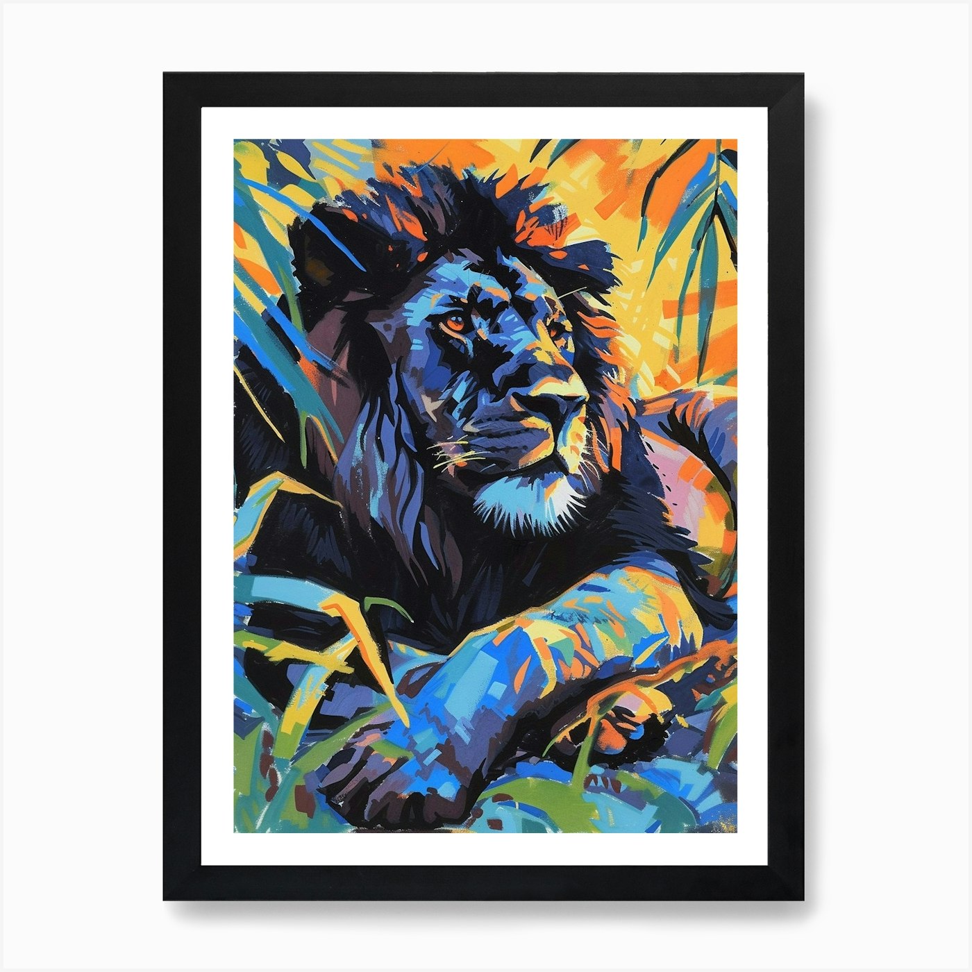 Black Lion Resting In The Sun Fauvi Framed Wall Art Poster Canvas Print Picture