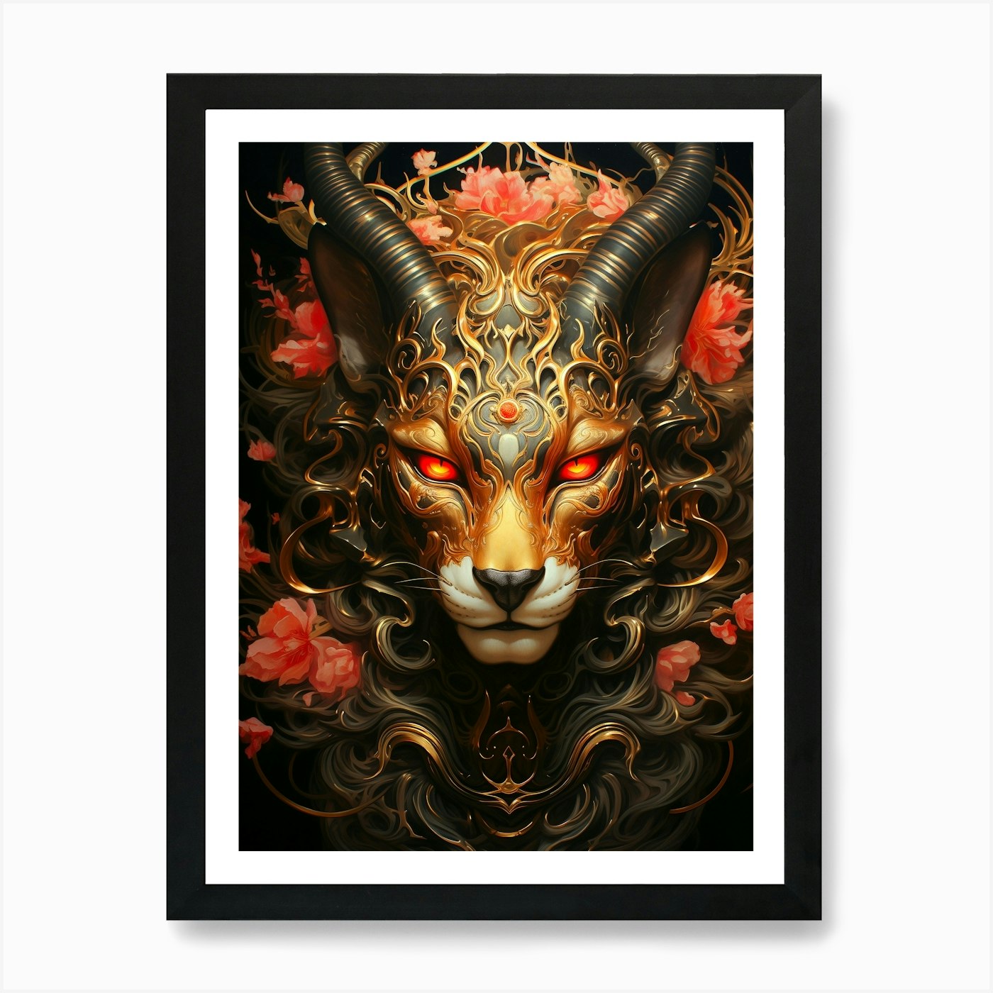 Floral Fantasy Mountain Lion Art Pr Framed Wall Art Poster Canvas Print Picture