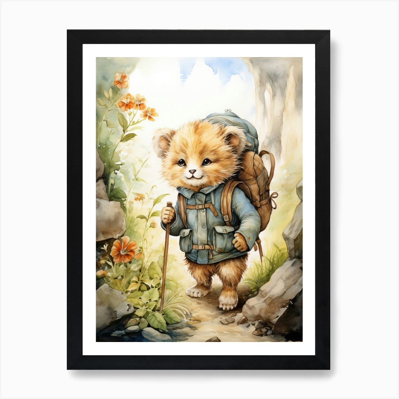 Hiking Watercolour Lion Art Paintin Framed Wall Art Poster Canvas Print Picture