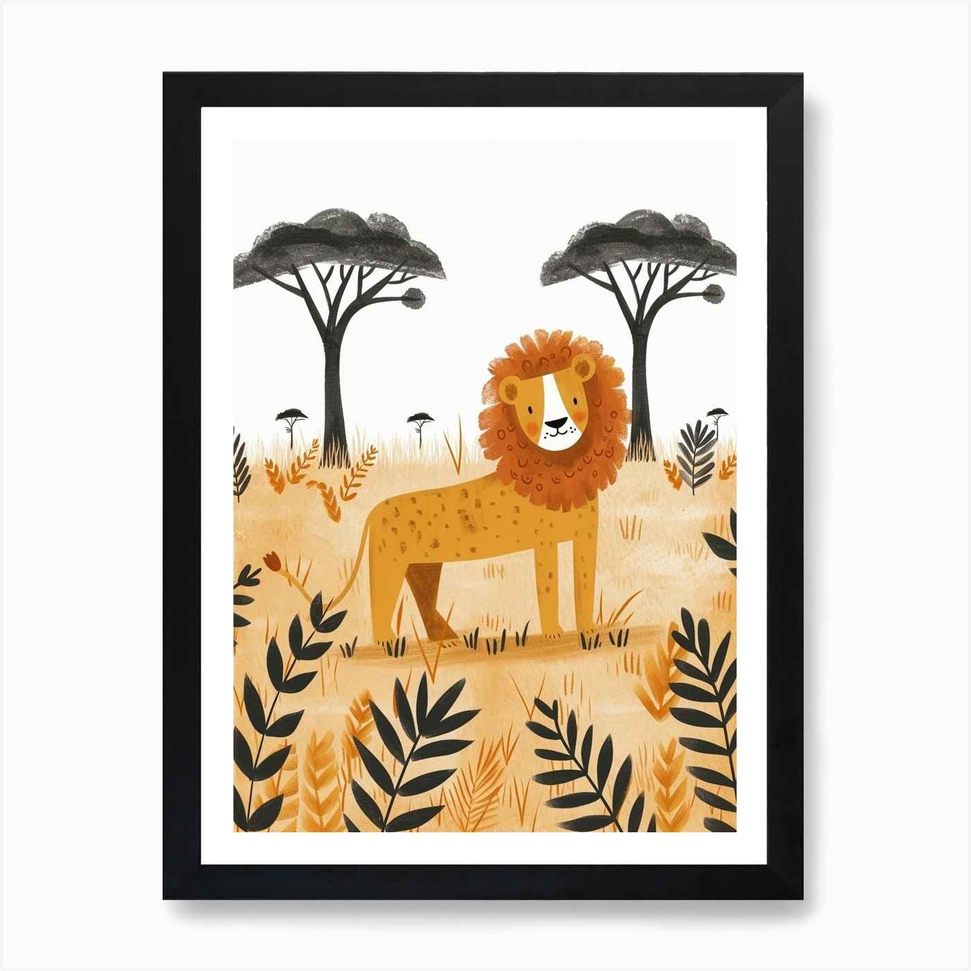 African Lion Hunting In The Savanna Framed Wall Art Poster Canvas Print Picture