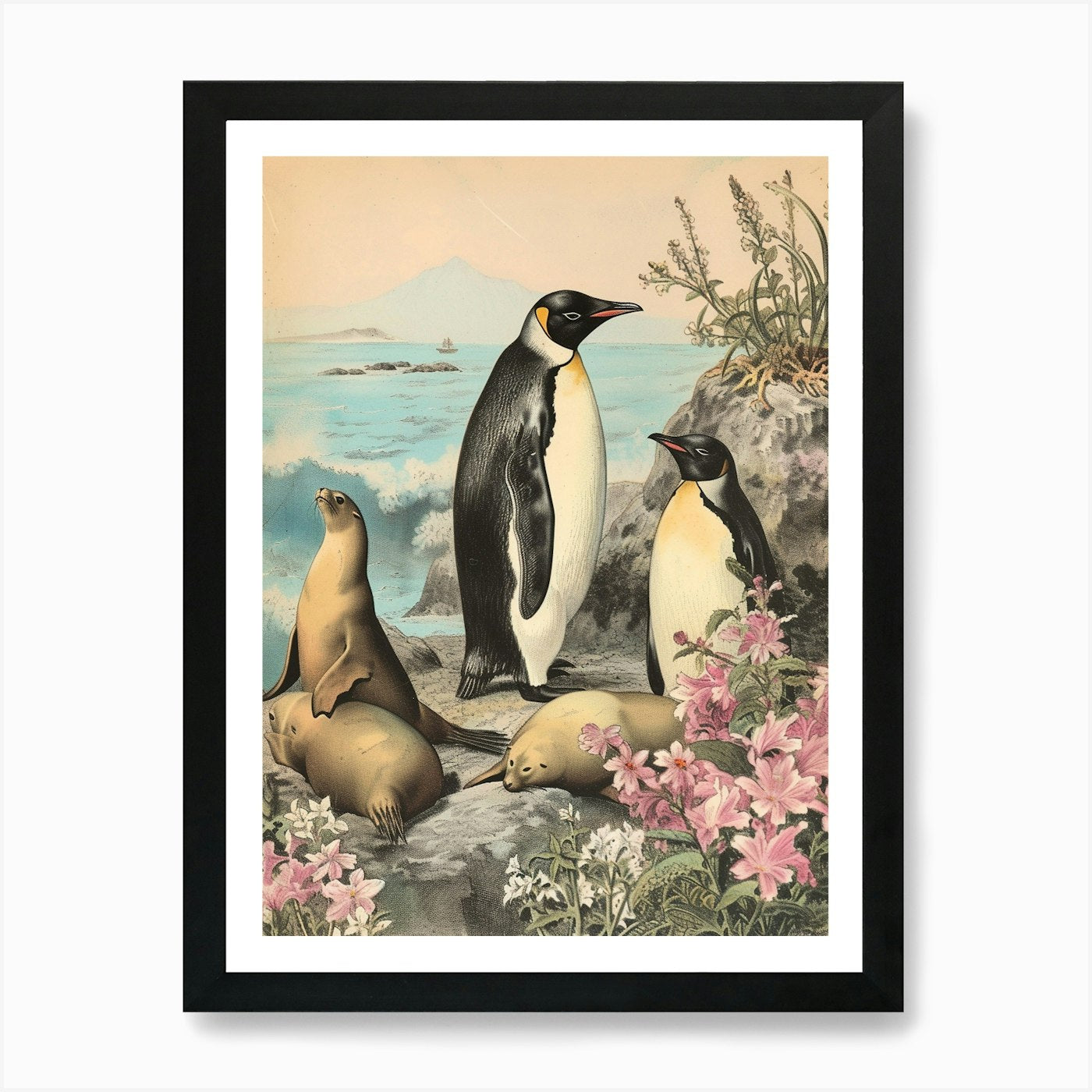 Adlie Penguin Sea Lion Island Vinta Framed Wall Art Poster Canvas Print Picture