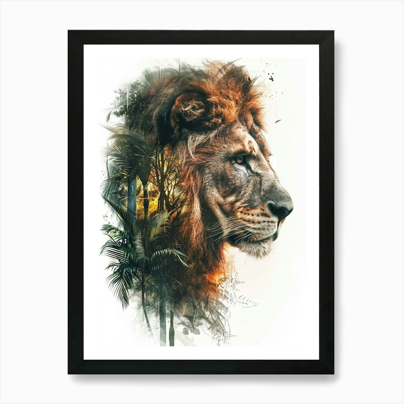 Double Exposure Realistic Lion With Framed Wall Art Poster Canvas Print Picture
