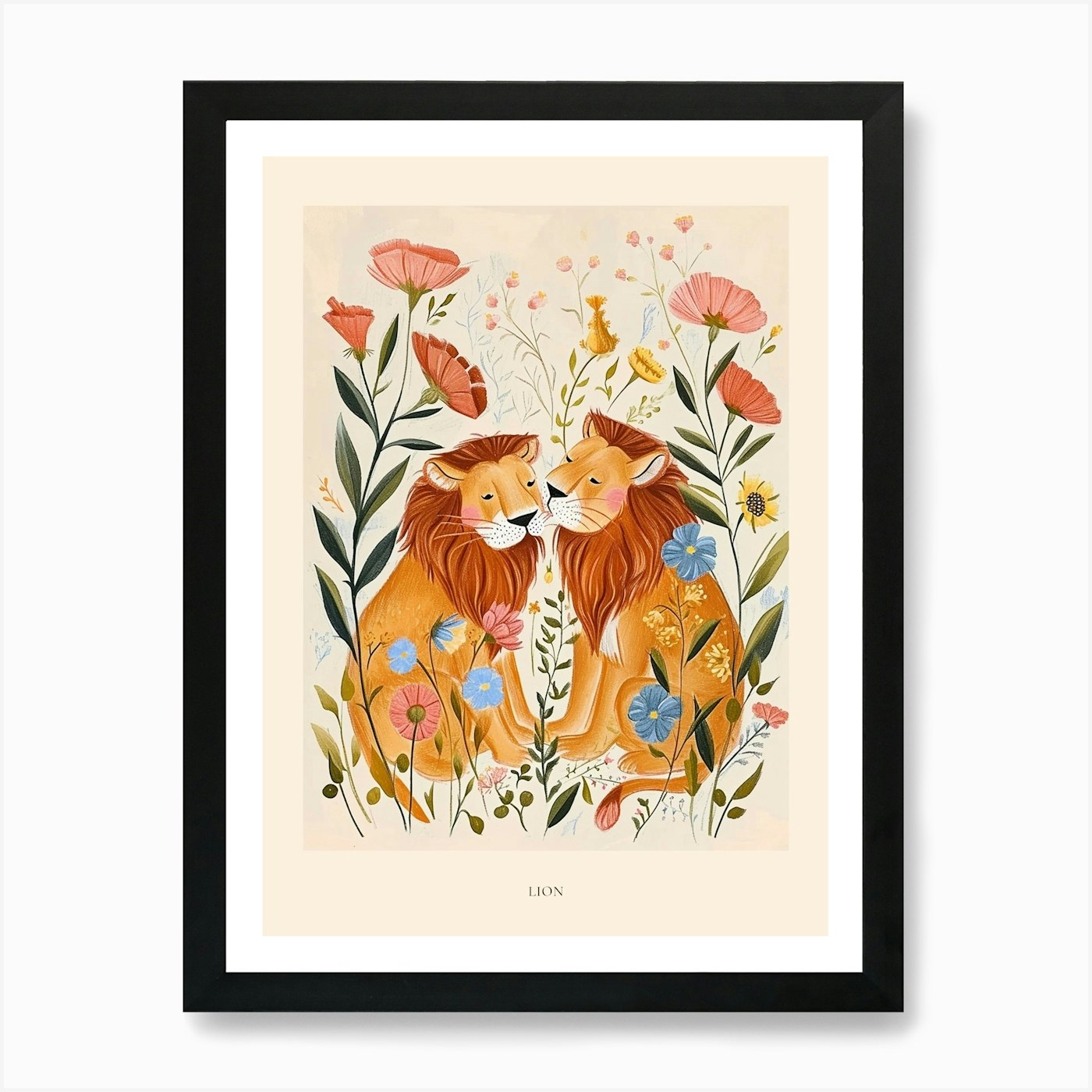 Folksy Floral Animal Drawing Lion P Framed Wall Art Poster Canvas Print Picture