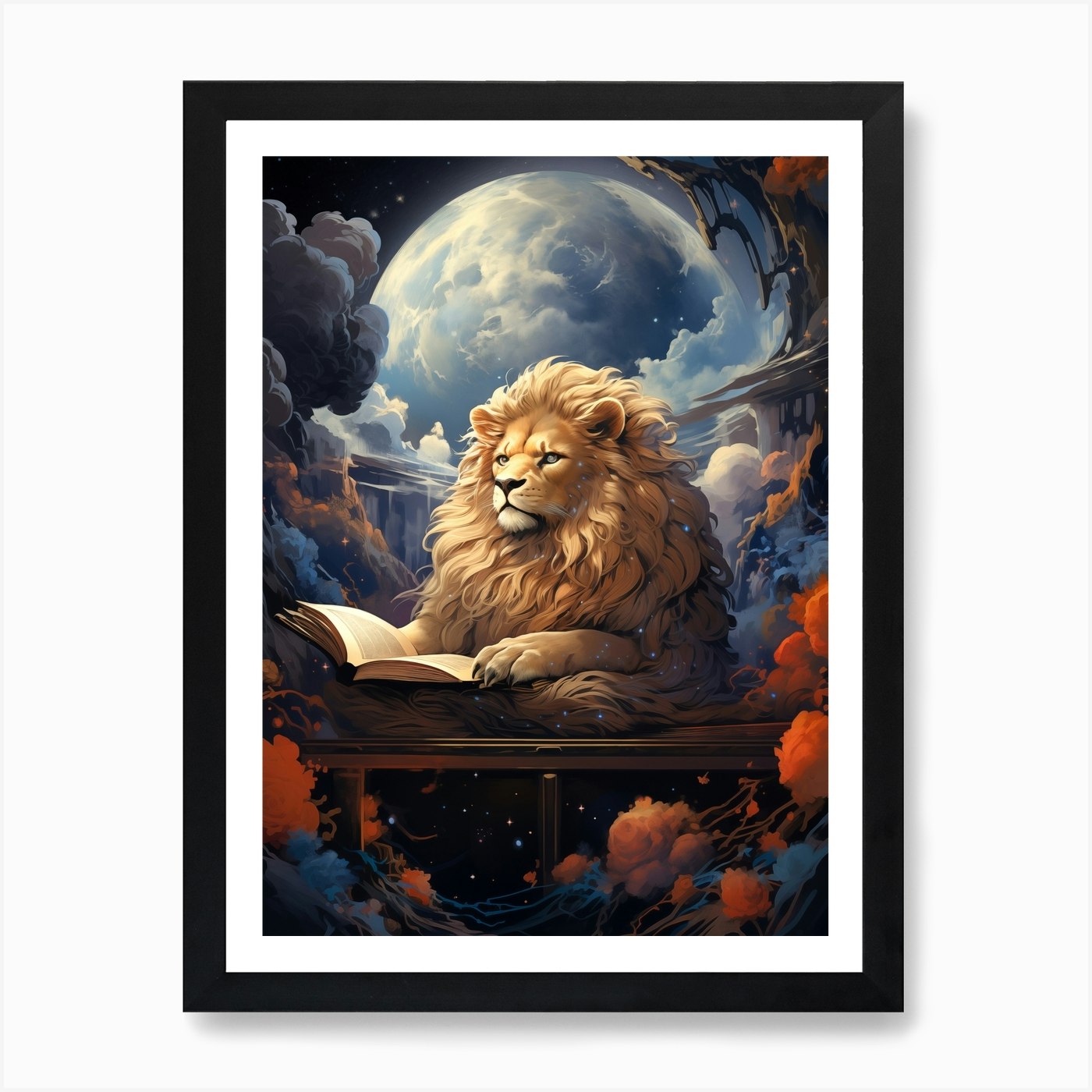 Lion Reading A Book Art Print Framed Wall Art Poster Canvas Print Picture