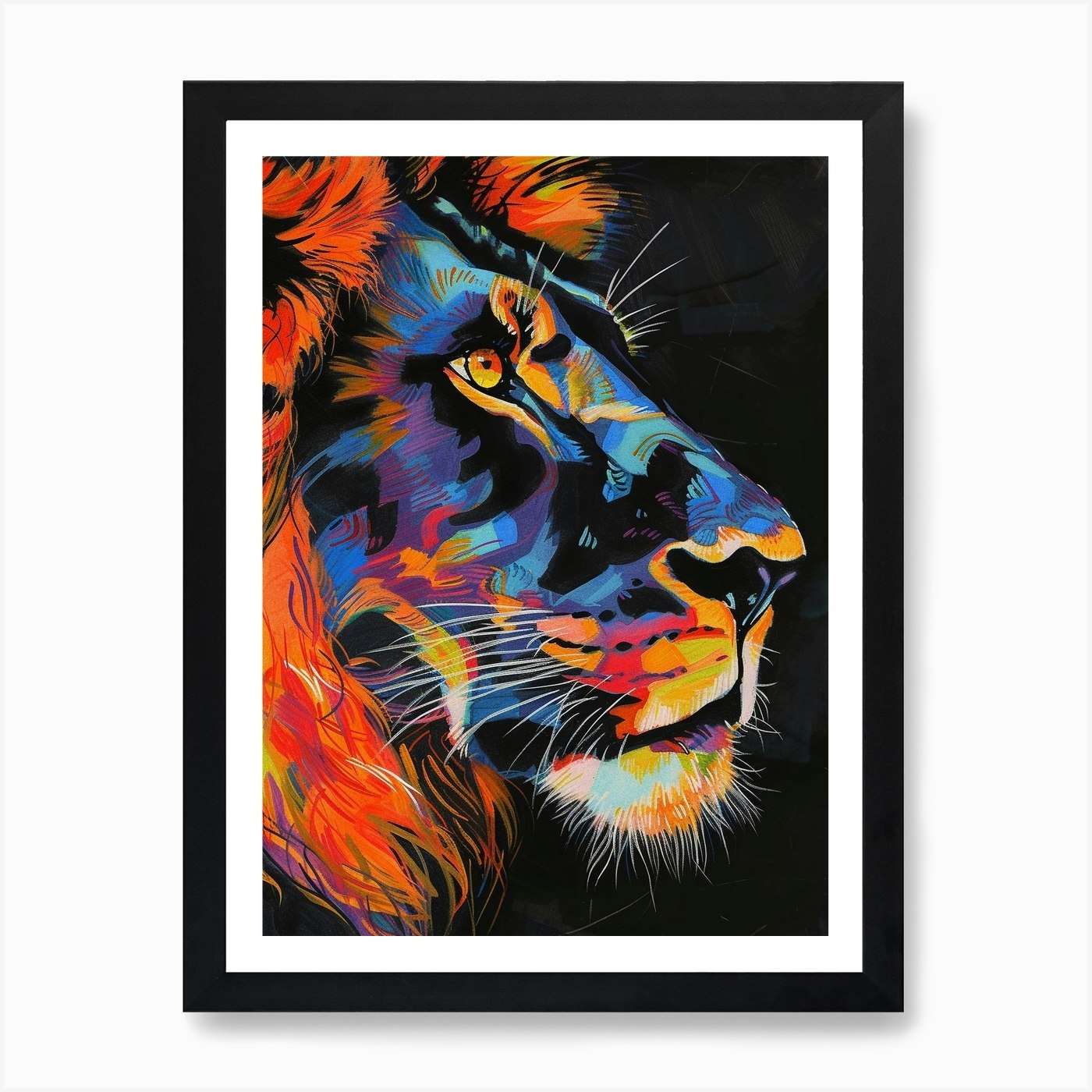 Black Lion Portrait Close Up Fauvis Framed Wall Art Poster Canvas Print Picture