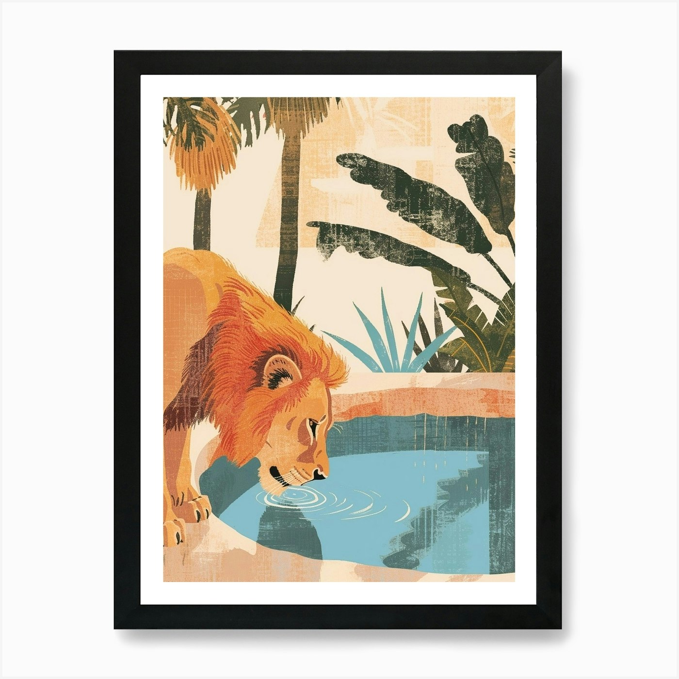 African Lion Drinking From A Wateri Framed Wall Art Poster Canvas Print Picture