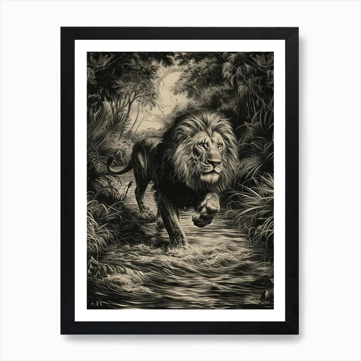 Barbary Lion Relief Illustration Cr Framed Wall Art Poster Canvas Print Picture