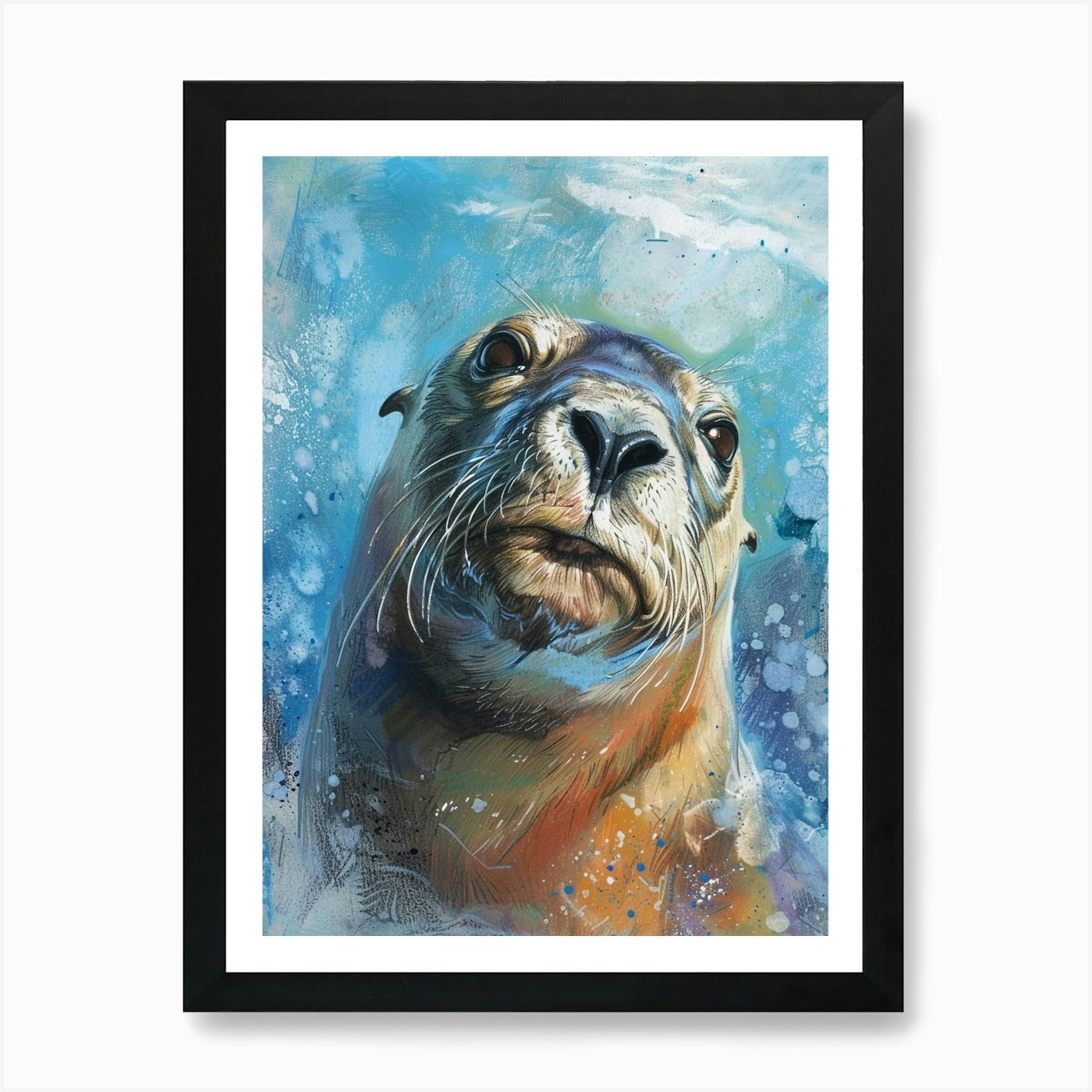 Sea Lion Pastel Watercolour 1 Art P Framed Wall Art Poster Canvas Print Picture