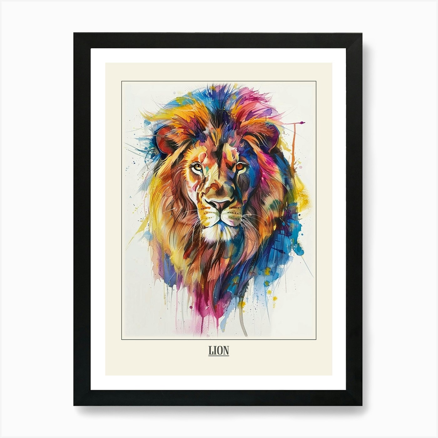 Lion Colourful Watercolour 2 Poster Framed Wall Art Poster Canvas Print Picture