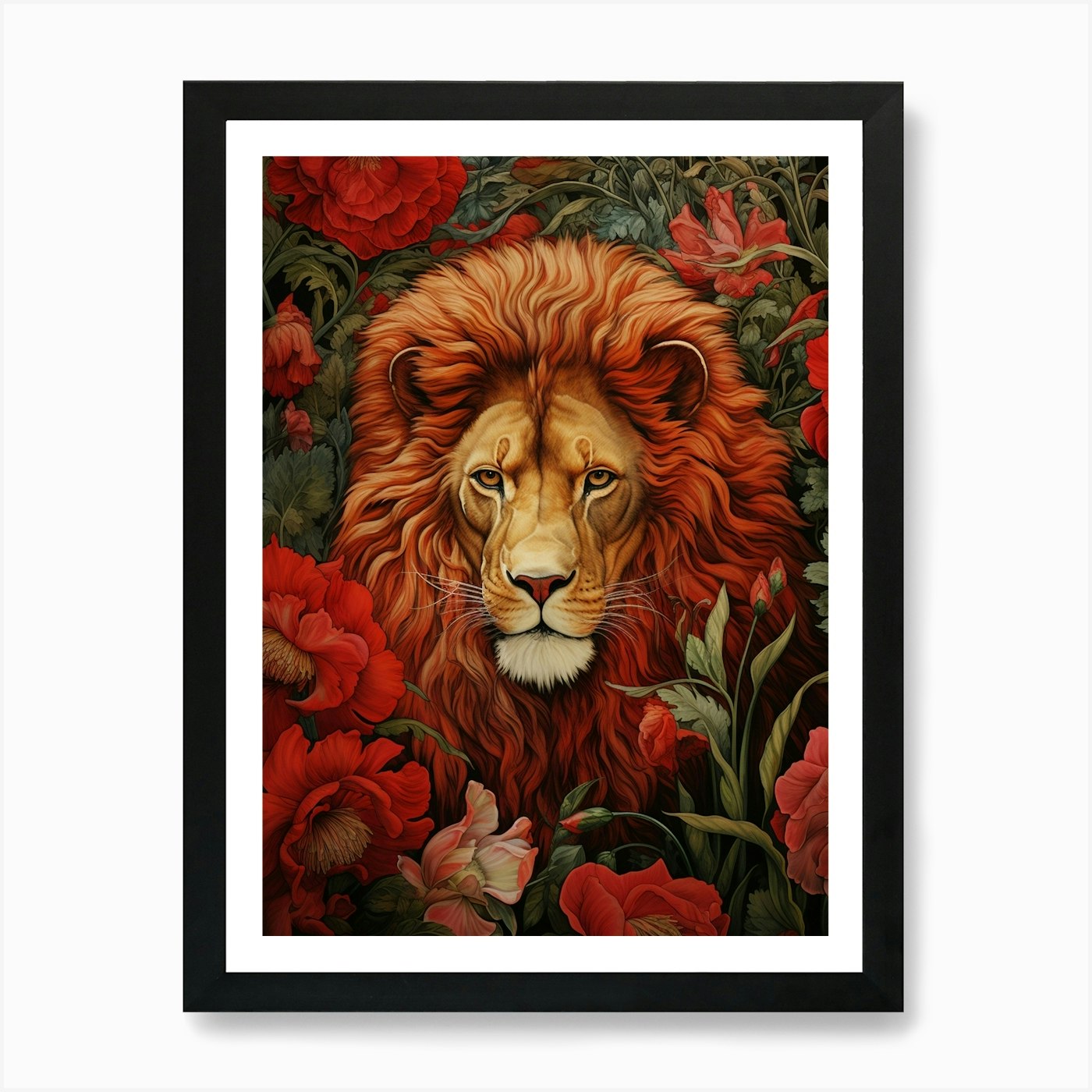 Lion In Red Poppy Field Art Print Framed Wall Art Poster Canvas Print Picture
