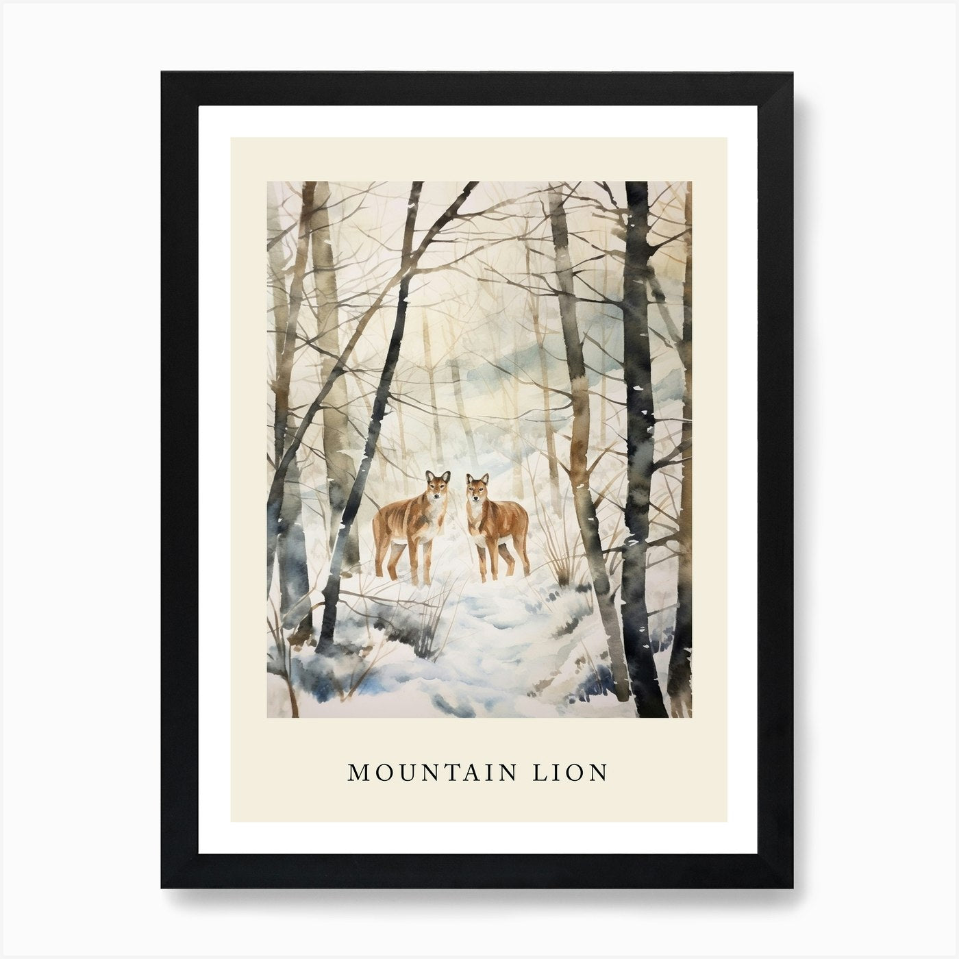 Winter Watercolour Mountain Lion 1 Framed Wall Art Poster Canvas Print Picture