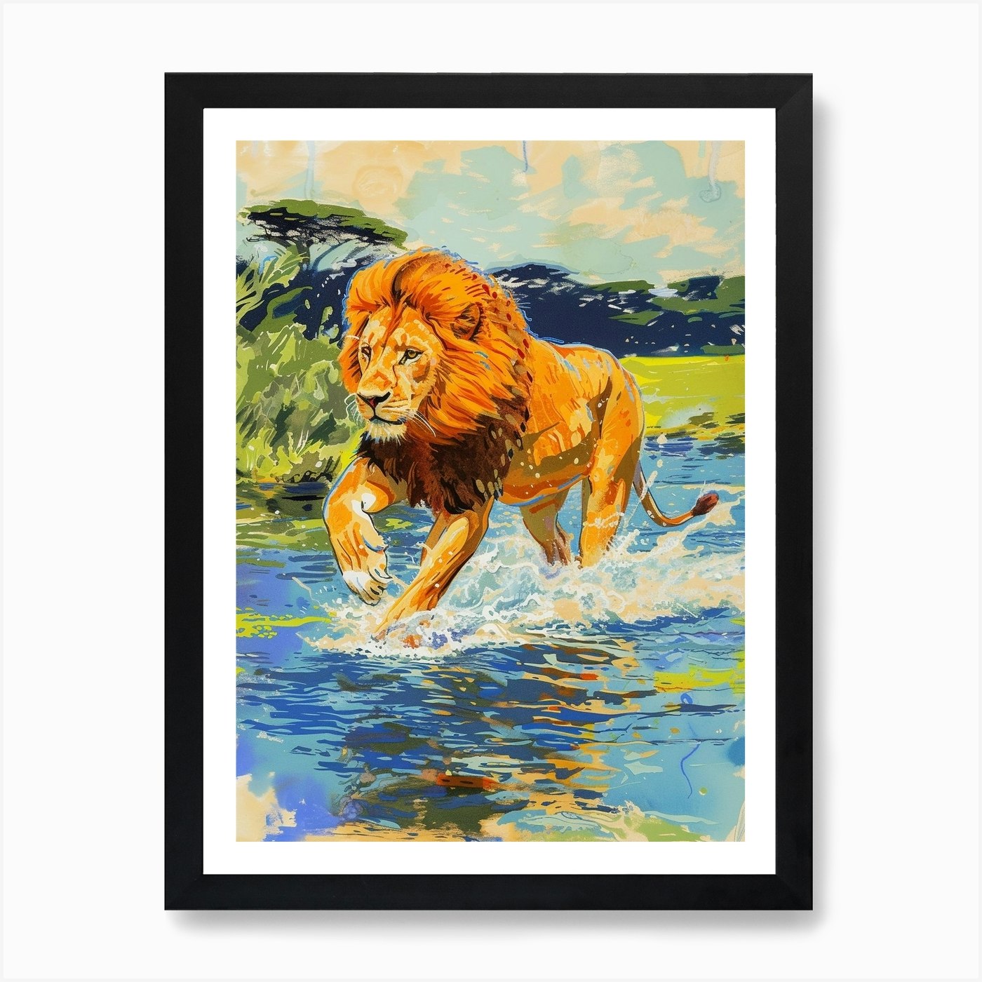 Masai Lion Crossing A River Fauvist Framed Wall Art Poster Canvas Print Picture