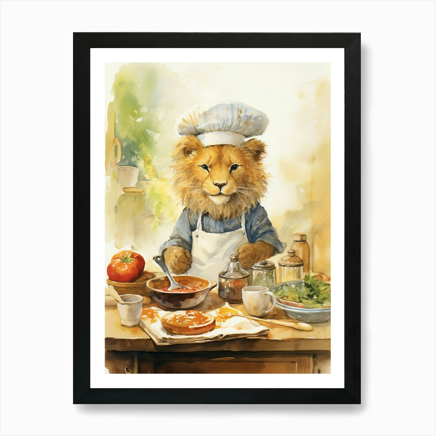 Cooking Watercolour Lion Art Painti Framed Wall Art Poster Canvas Print Picture