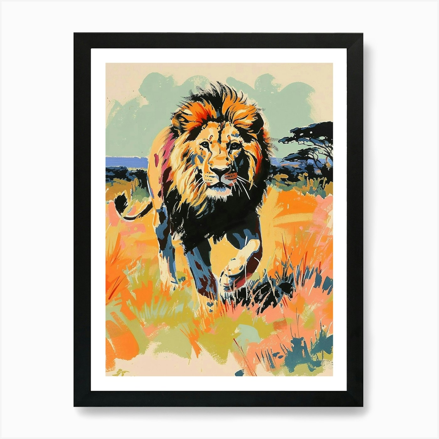 Asiatic Lion Hunting In The Savanna Framed Wall Art Poster Canvas Print Picture