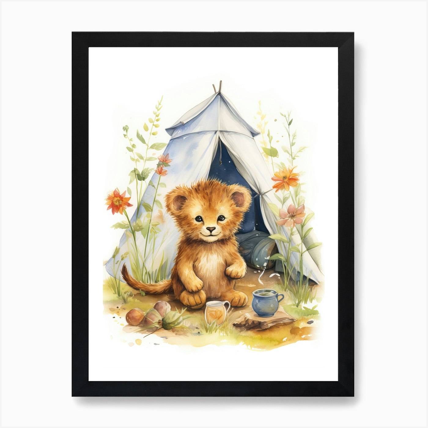 Camping Watercolour Lion Art Painti Framed Wall Art Poster Canvas Print Picture