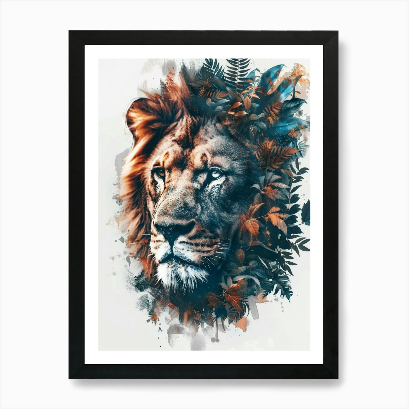 Double Exposure Realistic Lion With Framed Wall Art Poster Canvas Print Picture