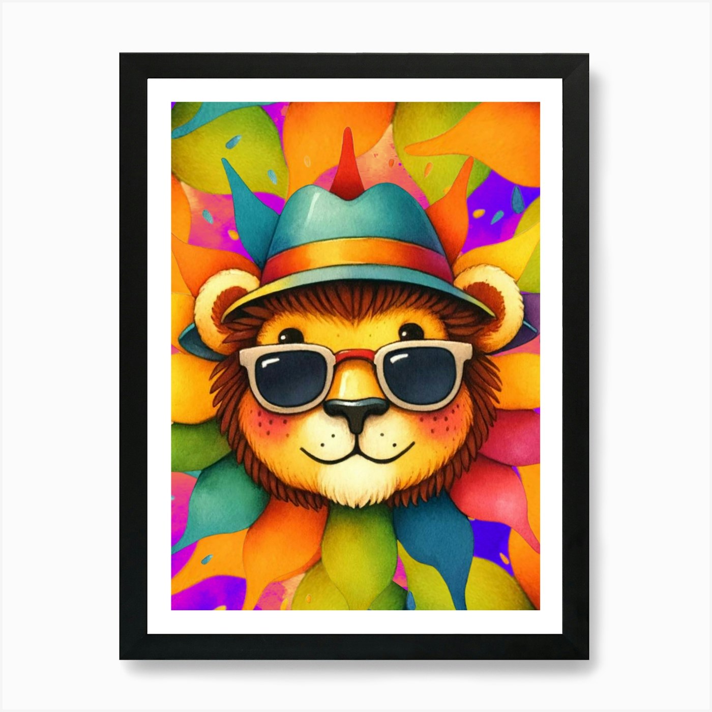 Kids Art, Lion Art,Lion In Sunglass Framed Wall Art Poster Canvas Print Picture