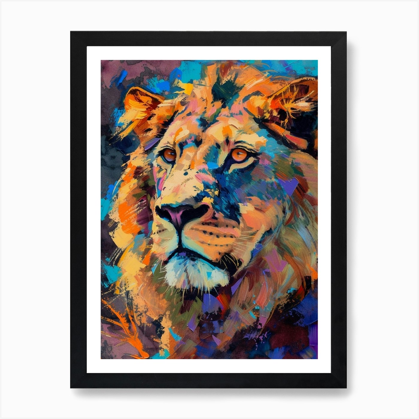 Asiatic Lion Portrait Close Up Fauv Framed Wall Art Poster Canvas Print Picture