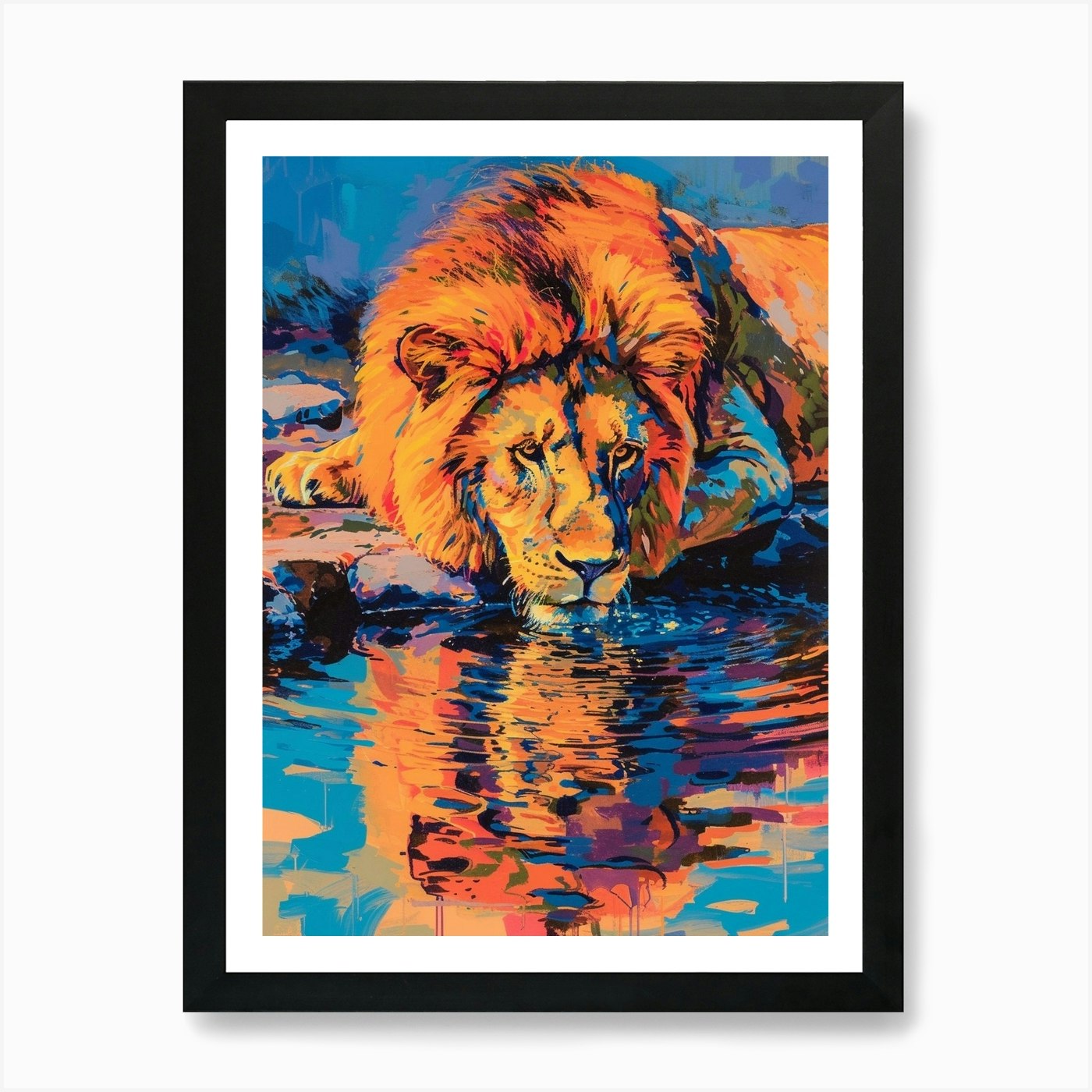 Masai Lion Drinking From A Watering Framed Wall Art Poster Canvas Print Picture