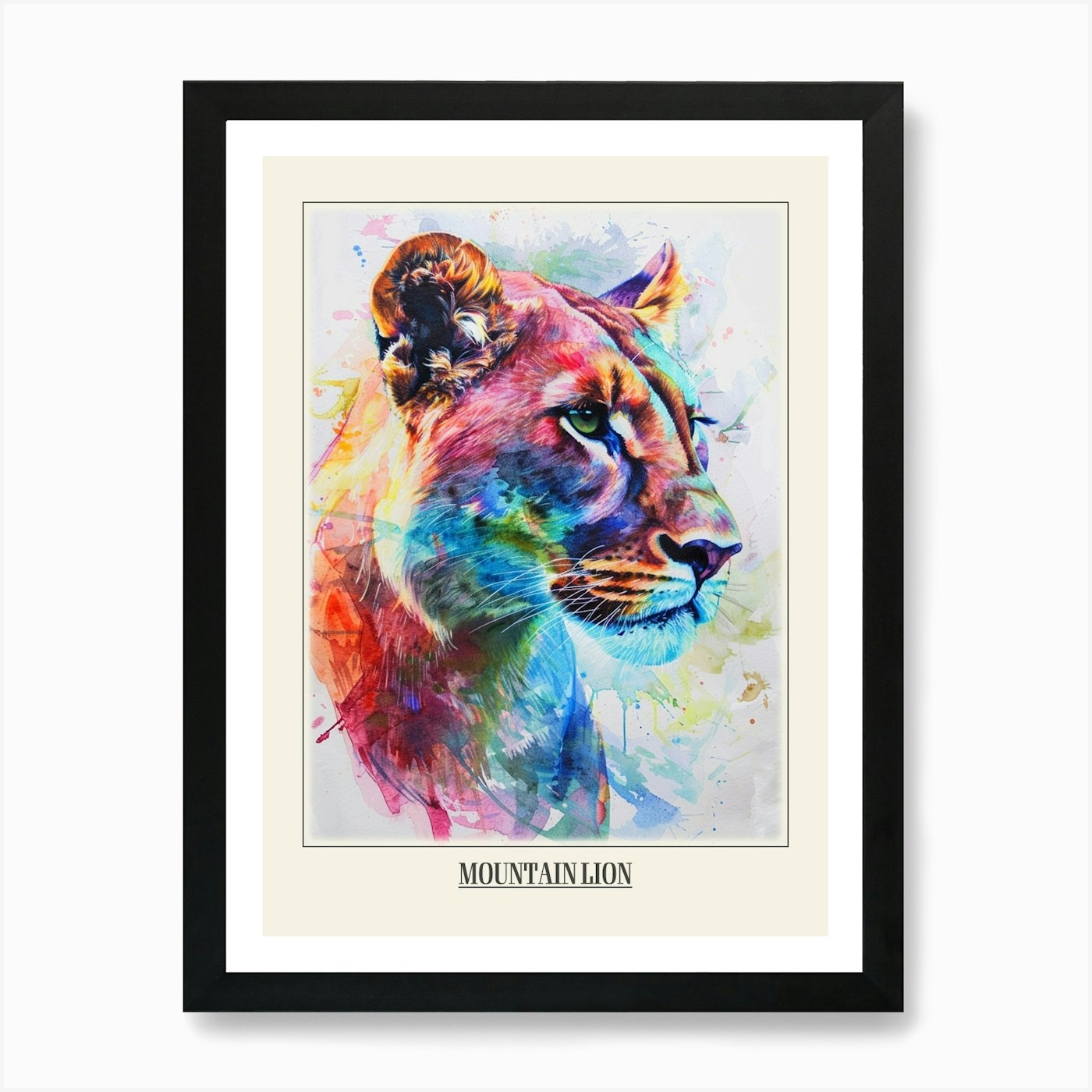Mountain Lion Colourful Watercolour Framed Wall Art Poster Canvas Print Picture