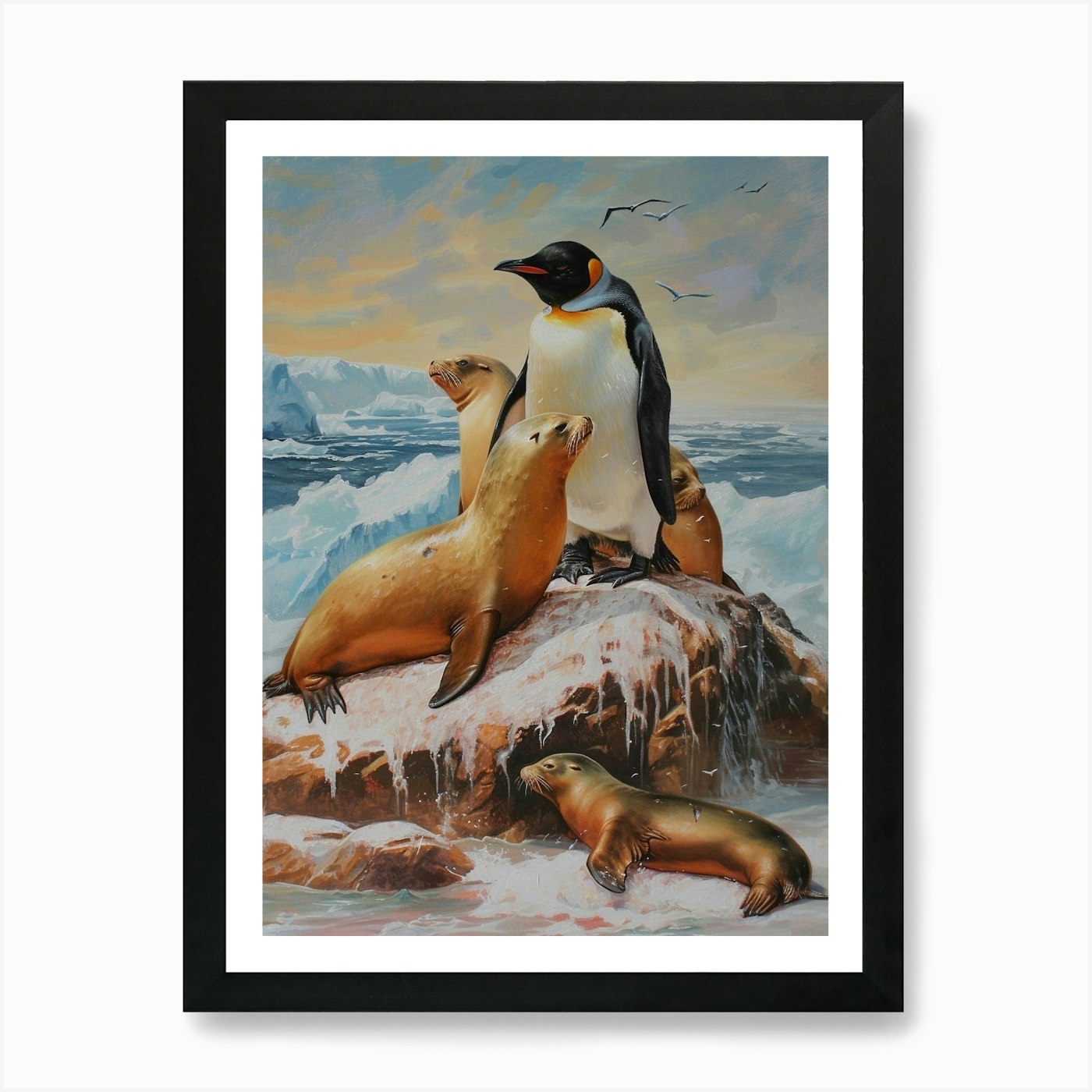 Adlie Penguin Sea Lion Island Oil P Framed Wall Art Poster Canvas Print Picture