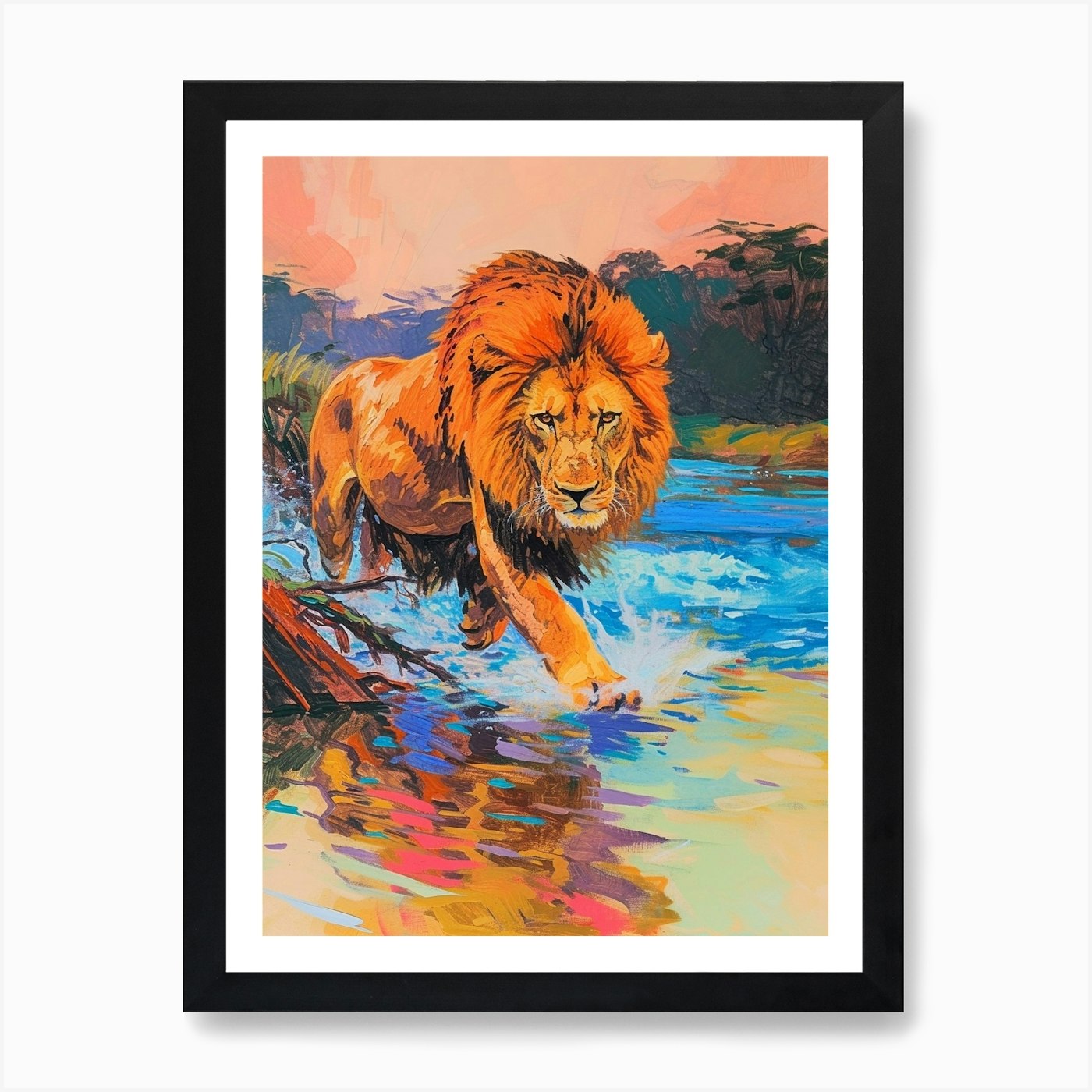 Masai Lion Crossing A River Fauvist Framed Wall Art Poster Canvas Print Picture