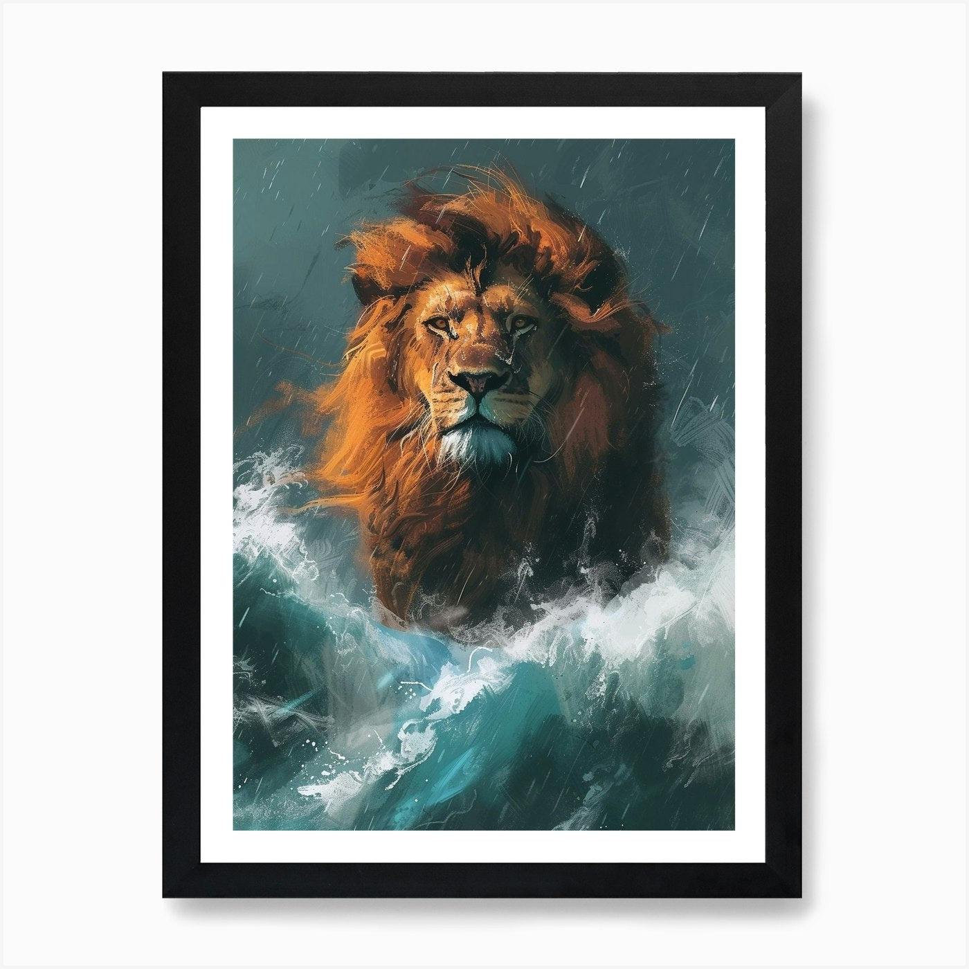 An African Lion Facing A Storm Acry Framed Wall Art Poster Canvas Print Picture