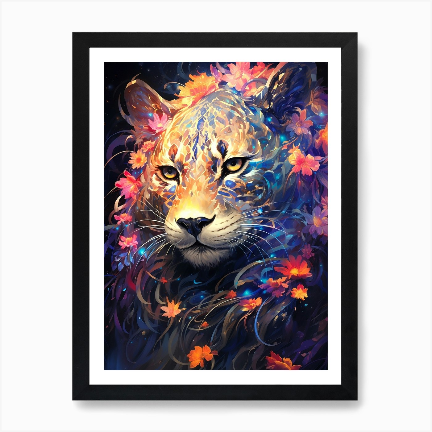 Lion With Flowers Art Print Framed Wall Art Poster Canvas Print Picture