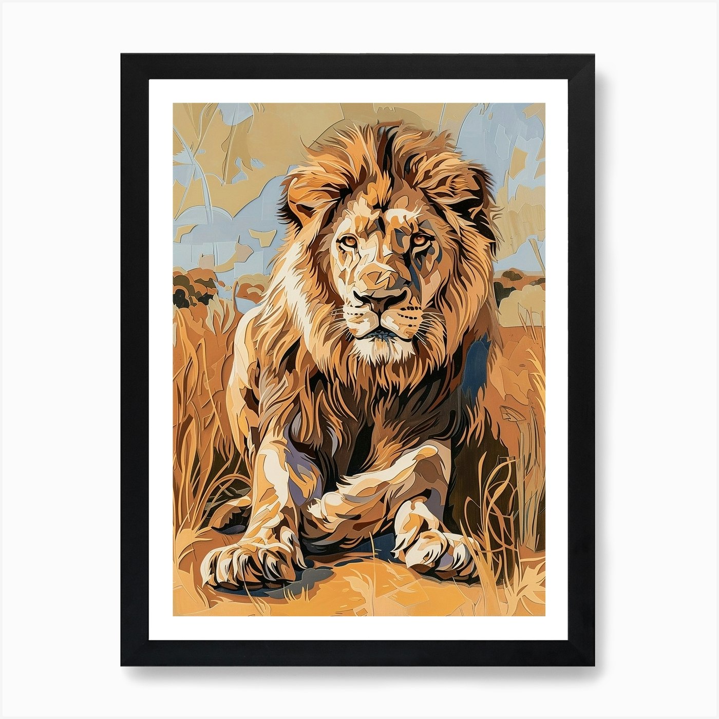 African Lion Relief Illustration Sy Framed Wall Art Poster Canvas Print Picture
