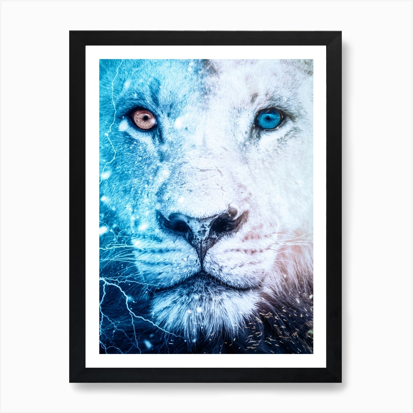 White Lion Blue And Orange Eyes Art Framed Wall Art Poster Canvas Print Picture