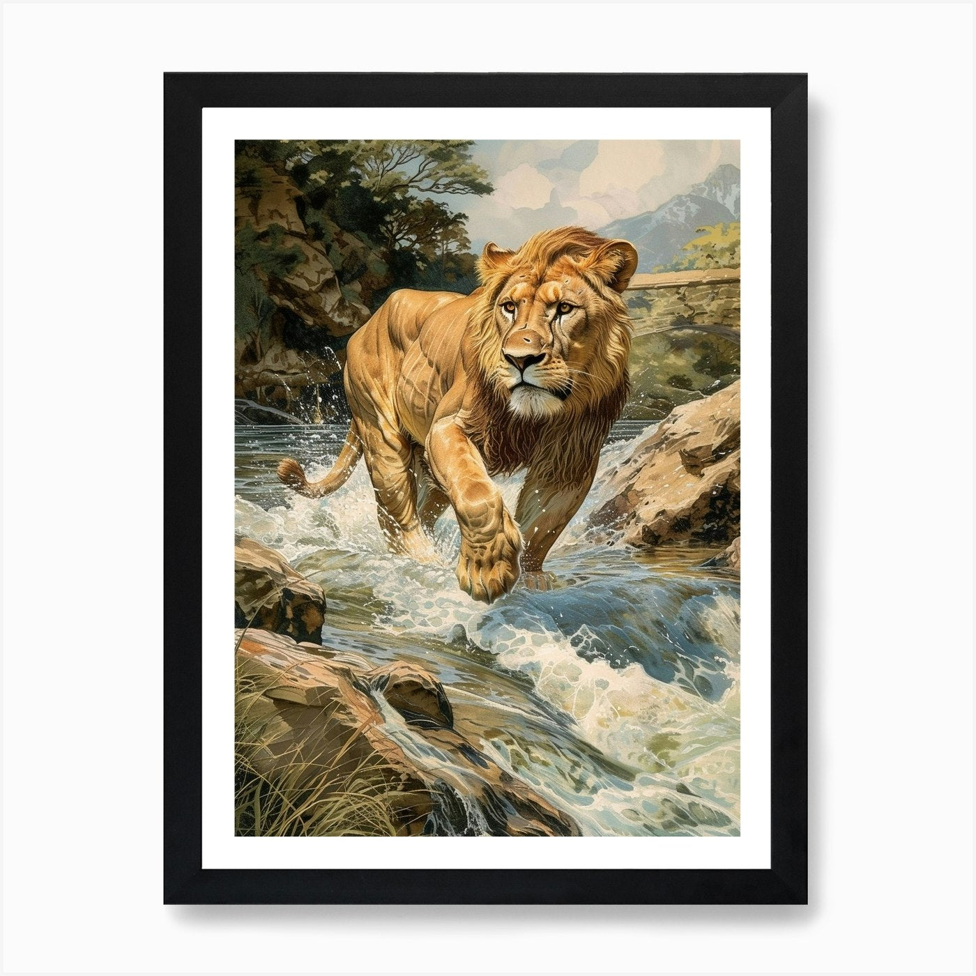 Barbary Lion Relief Illustration Cr Framed Wall Art Poster Canvas Print Picture