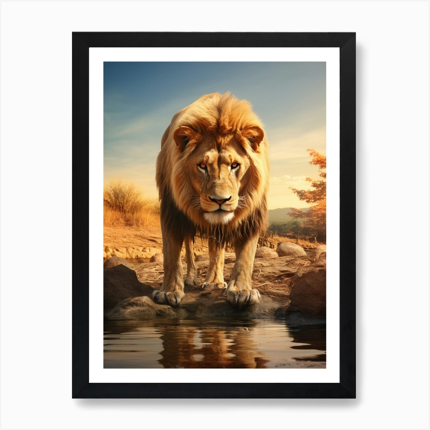 African Lion Drinking From A Stream Framed Wall Art Poster Canvas Print Picture