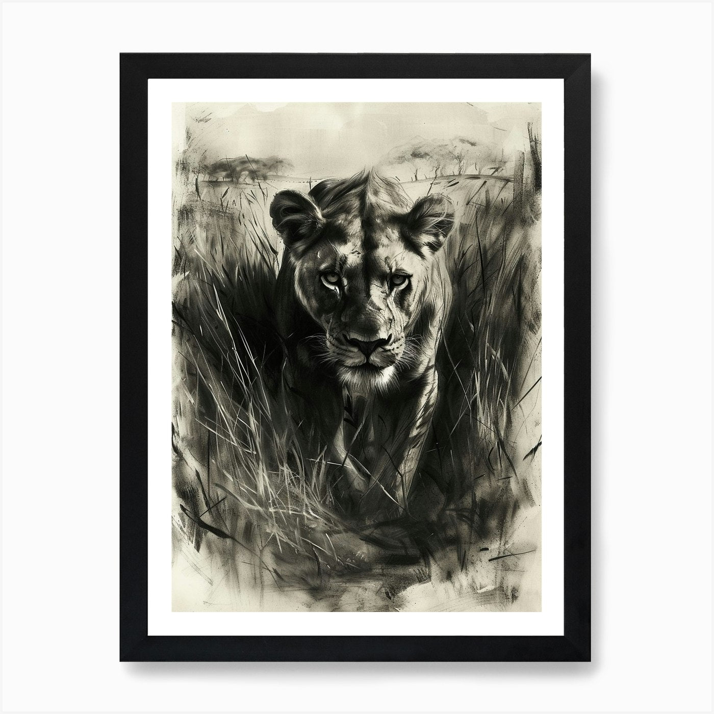 African Lion Charcoal Drawing Hunti Framed Wall Art Poster Canvas Print Picture