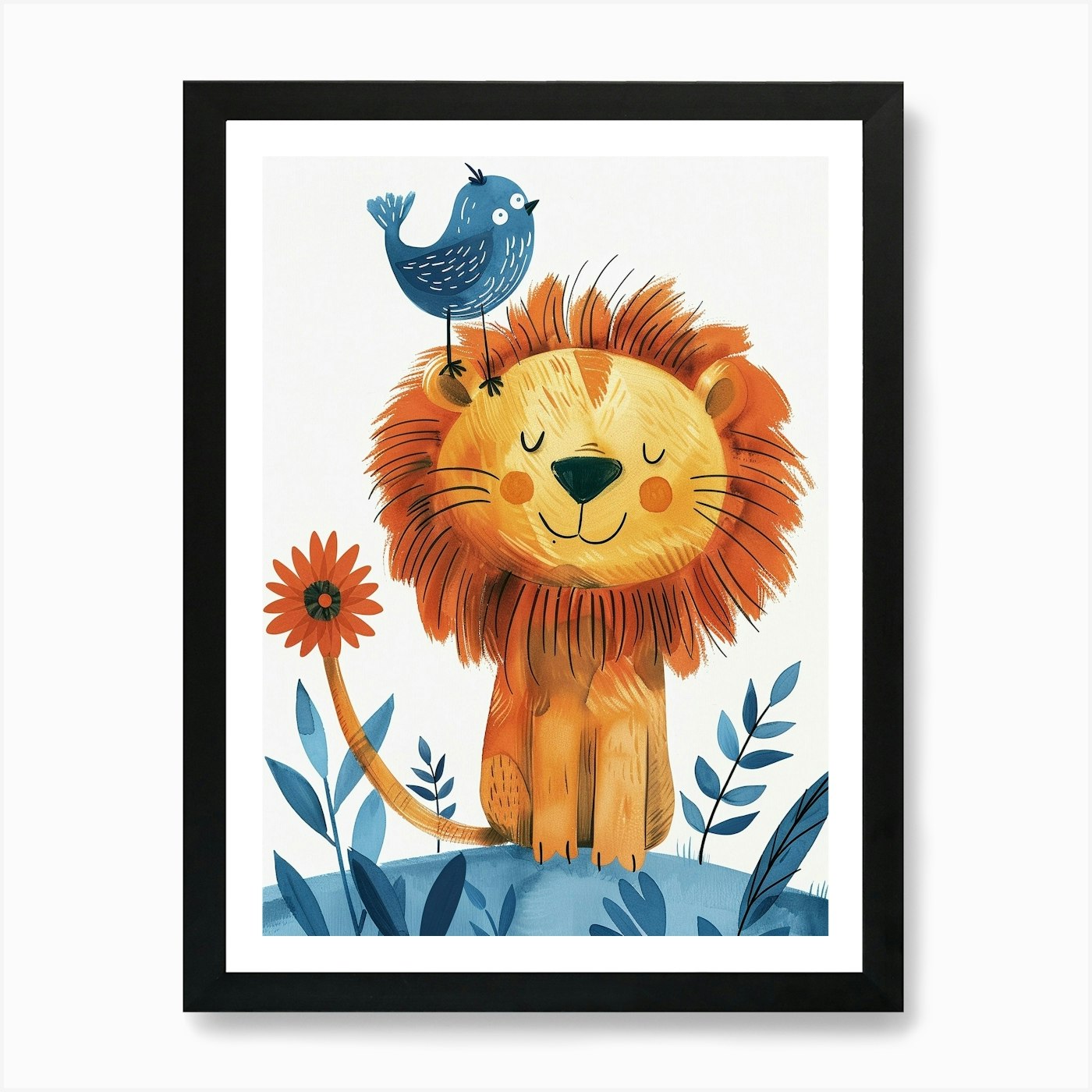 Small Joyful Lion With A Bird On It Framed Wall Art Poster Canvas Print Picture