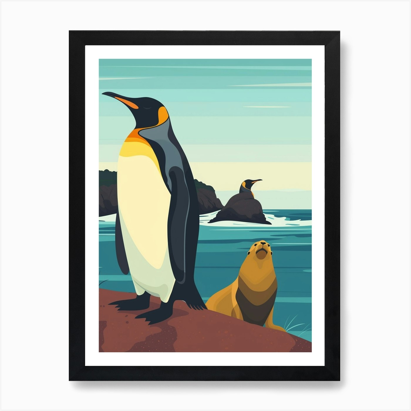 King Penguin Sea Lion Island Minima Framed Wall Art Poster Canvas Print Picture