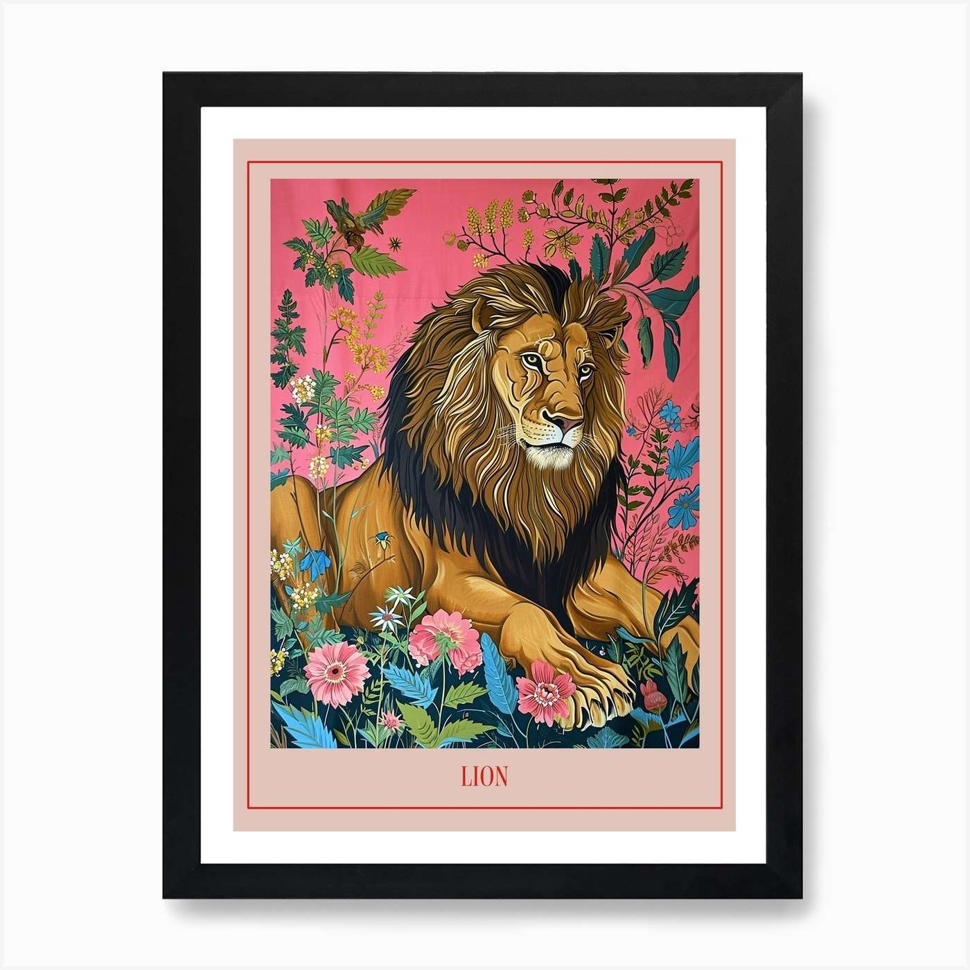 Floral Animal Painting Lion 4 Poste Framed Wall Art Poster Canvas Print Picture