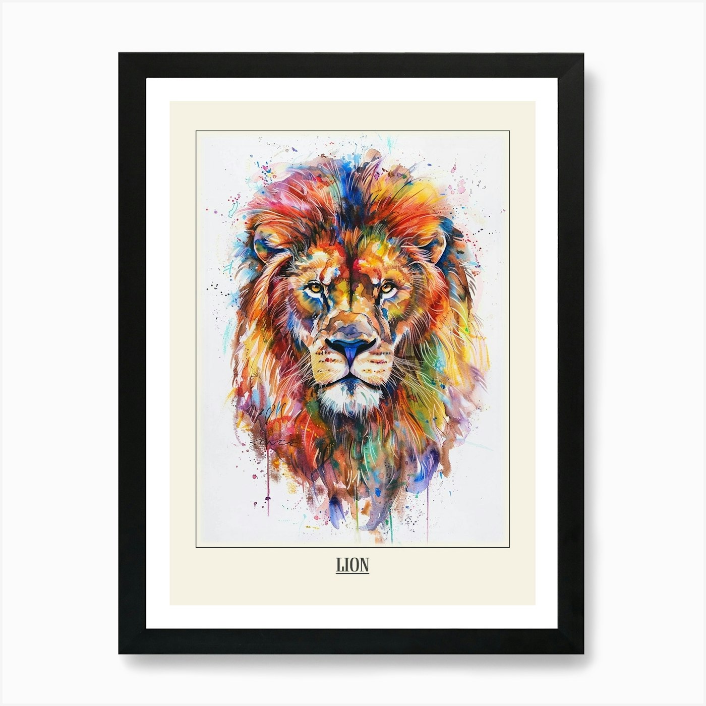 Lion Colourful Watercolour 1 Poster Framed Wall Art Poster Canvas Print Picture