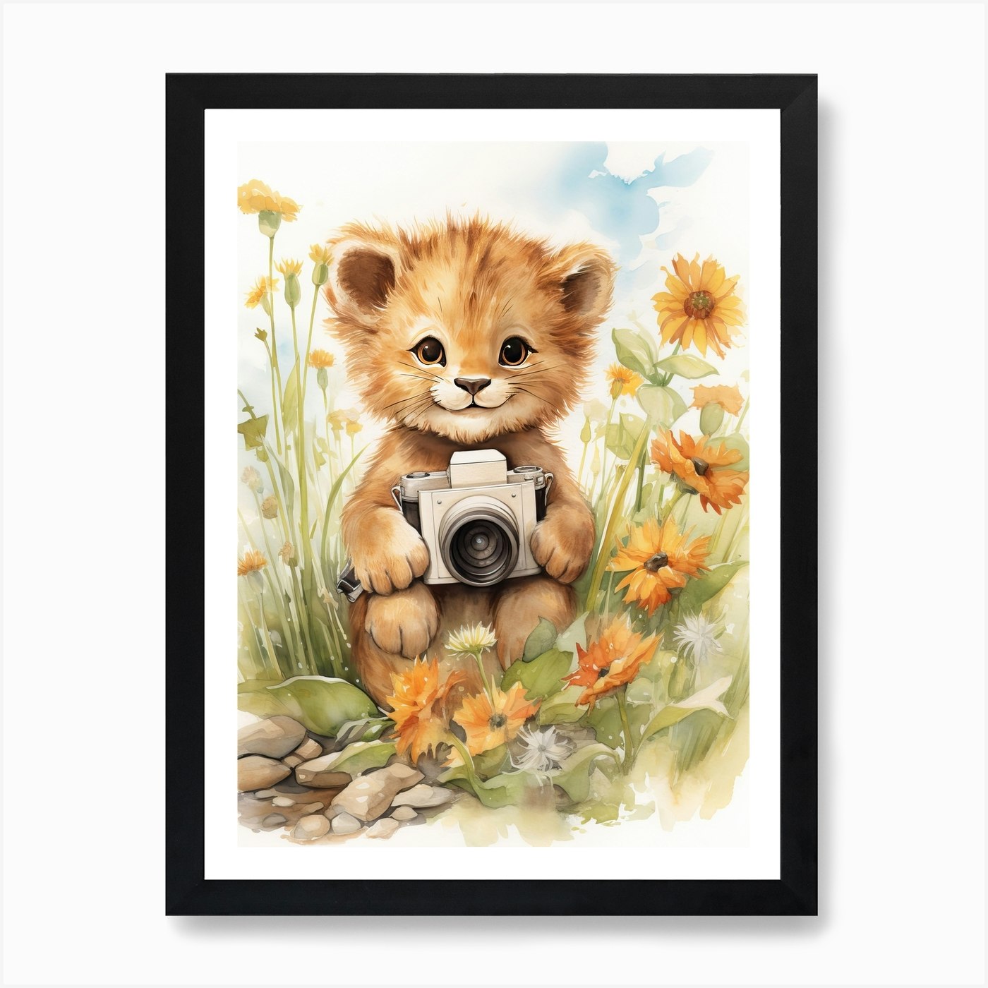 Taking Photos Watercolour Lion Art Framed Wall Art Poster Canvas Print Picture