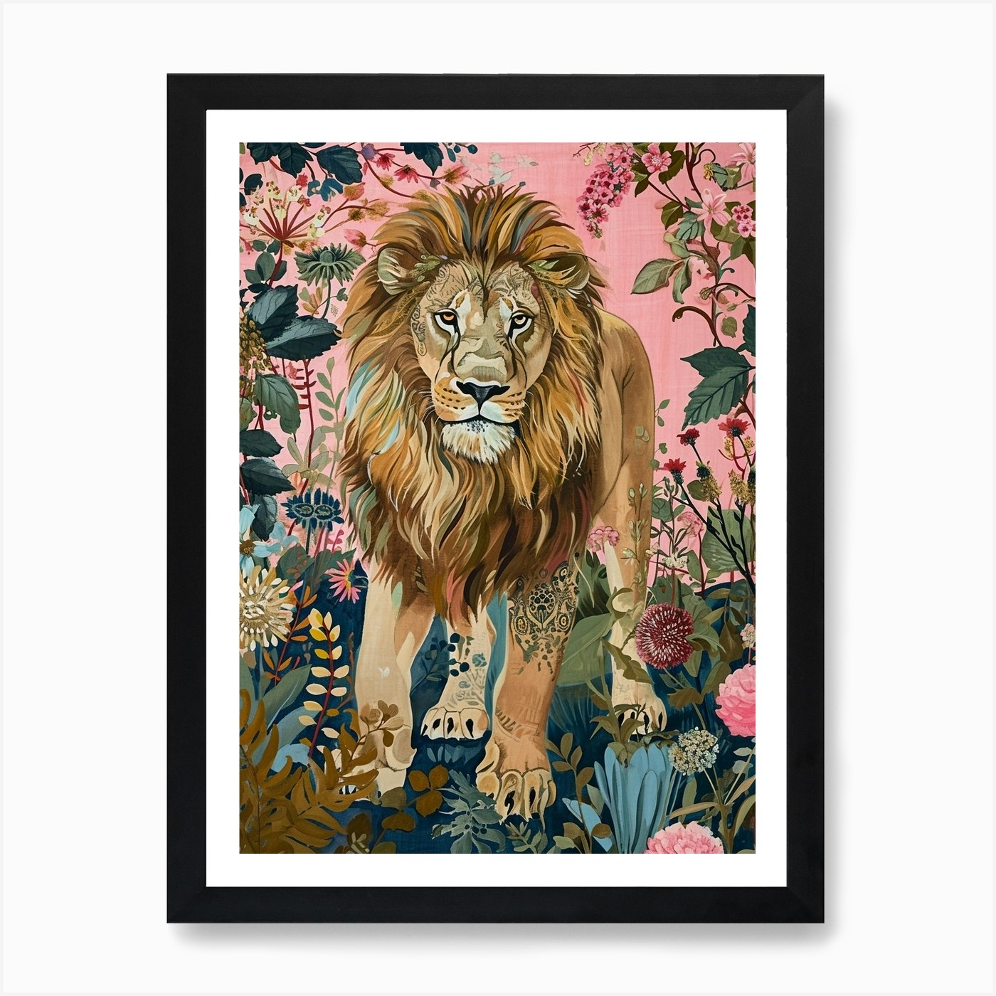 Floral Animal Painting Lion 2 Art P Framed Wall Art Poster Canvas Print Picture