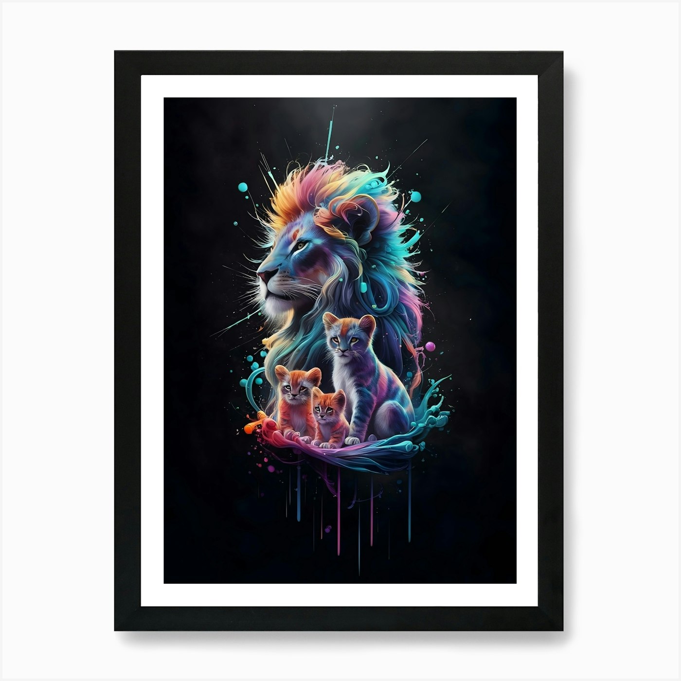 Lion And Kittens Art Print Framed Wall Art Poster Canvas Print Picture